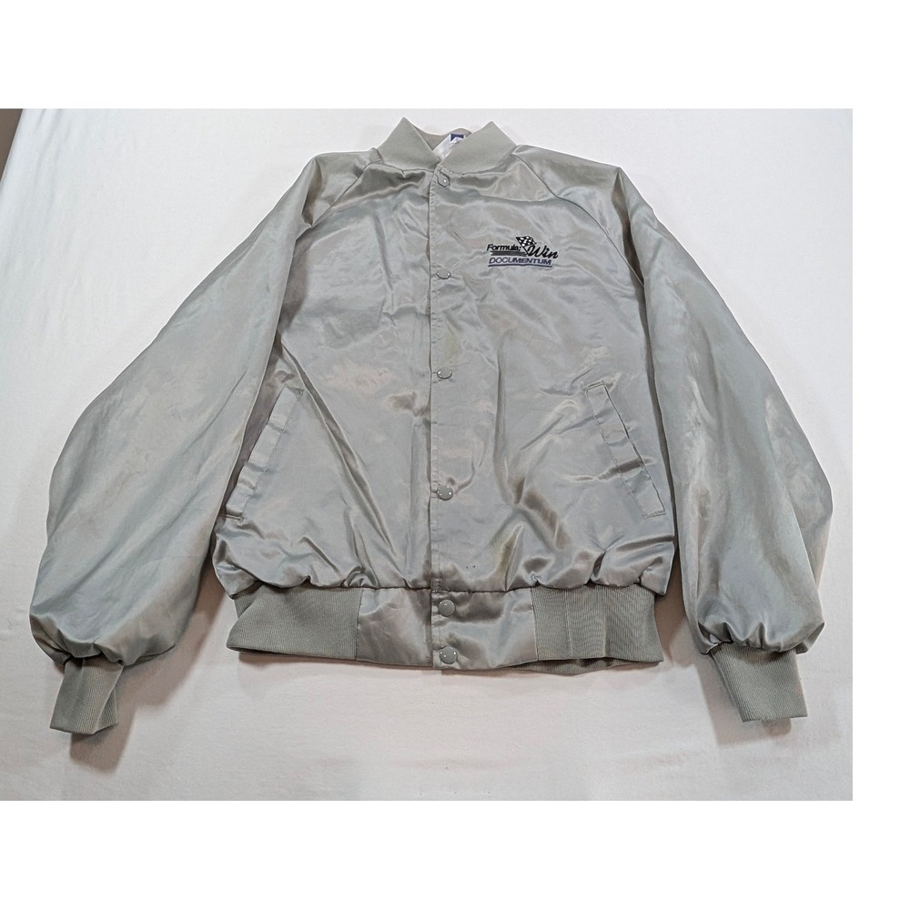 WestArk Mens Silver Satin Bomber Jacket Formula Win Documentum Made in USA M